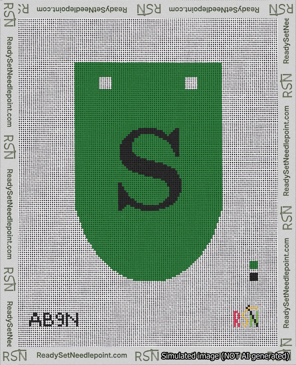 A taped needlepoint canvas with the design: Banner 18 mesh count Rounded S Black on Green.