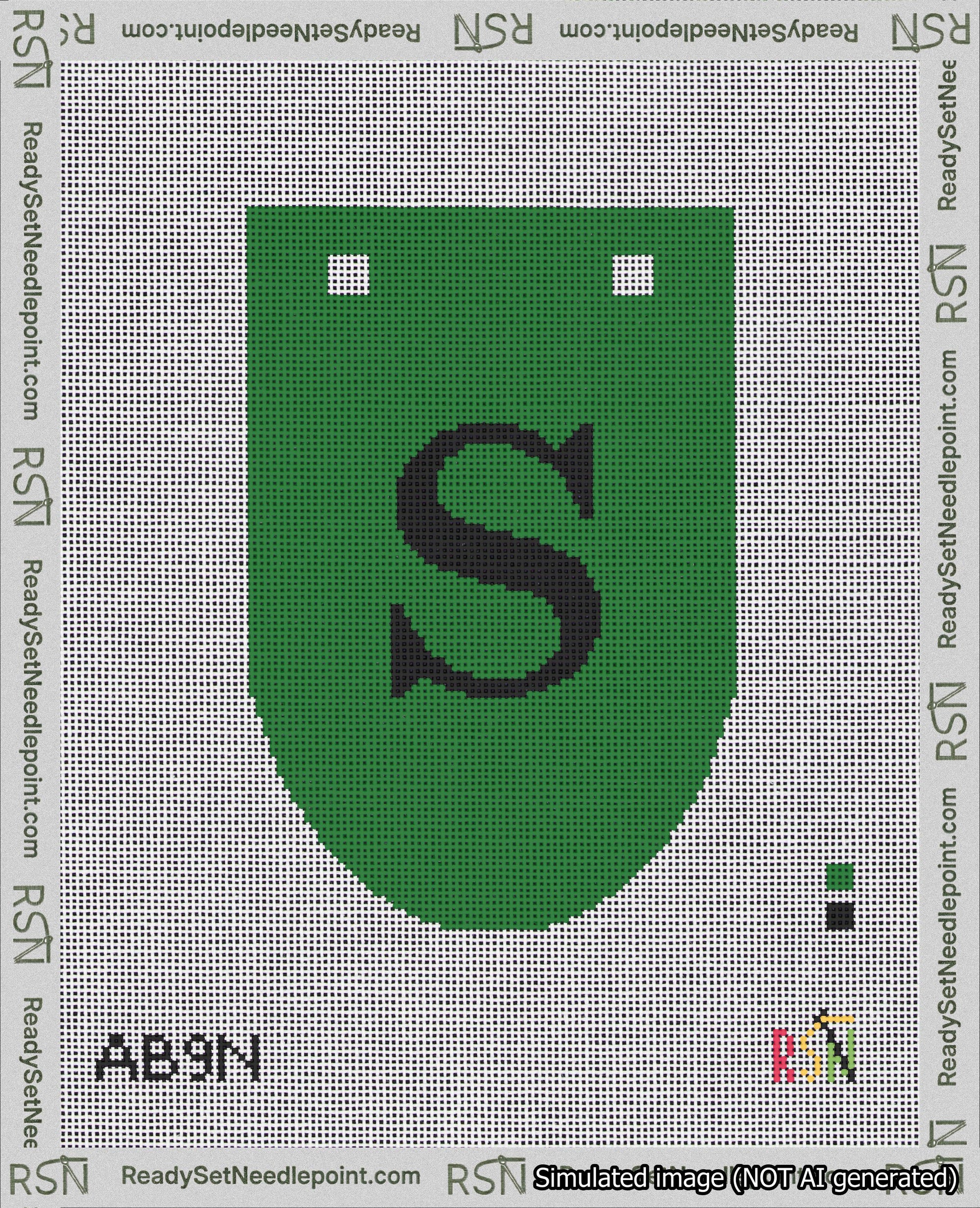 A taped needlepoint canvas with the design: Banner 18 mesh count Rounded S Black on Green.