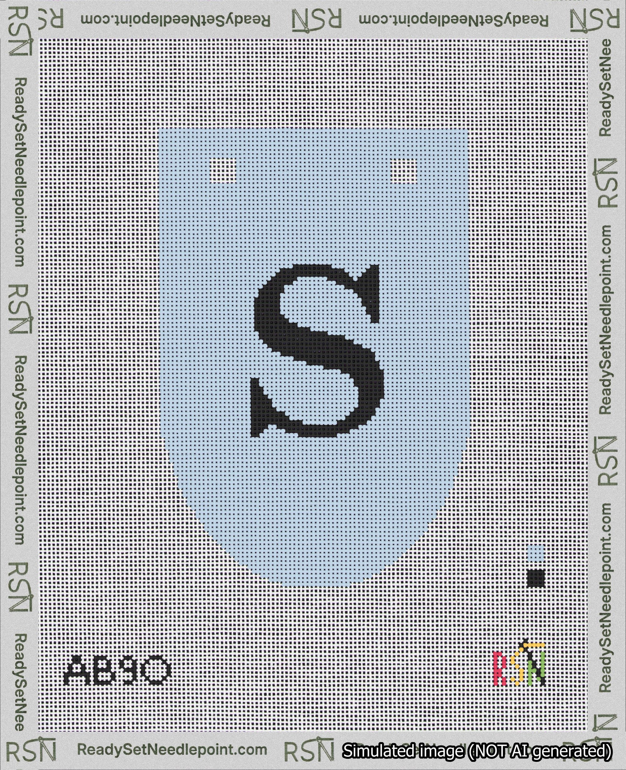 A taped needlepoint canvas with the design: Banner 18 mesh count Rounded S Black on Light Blue.