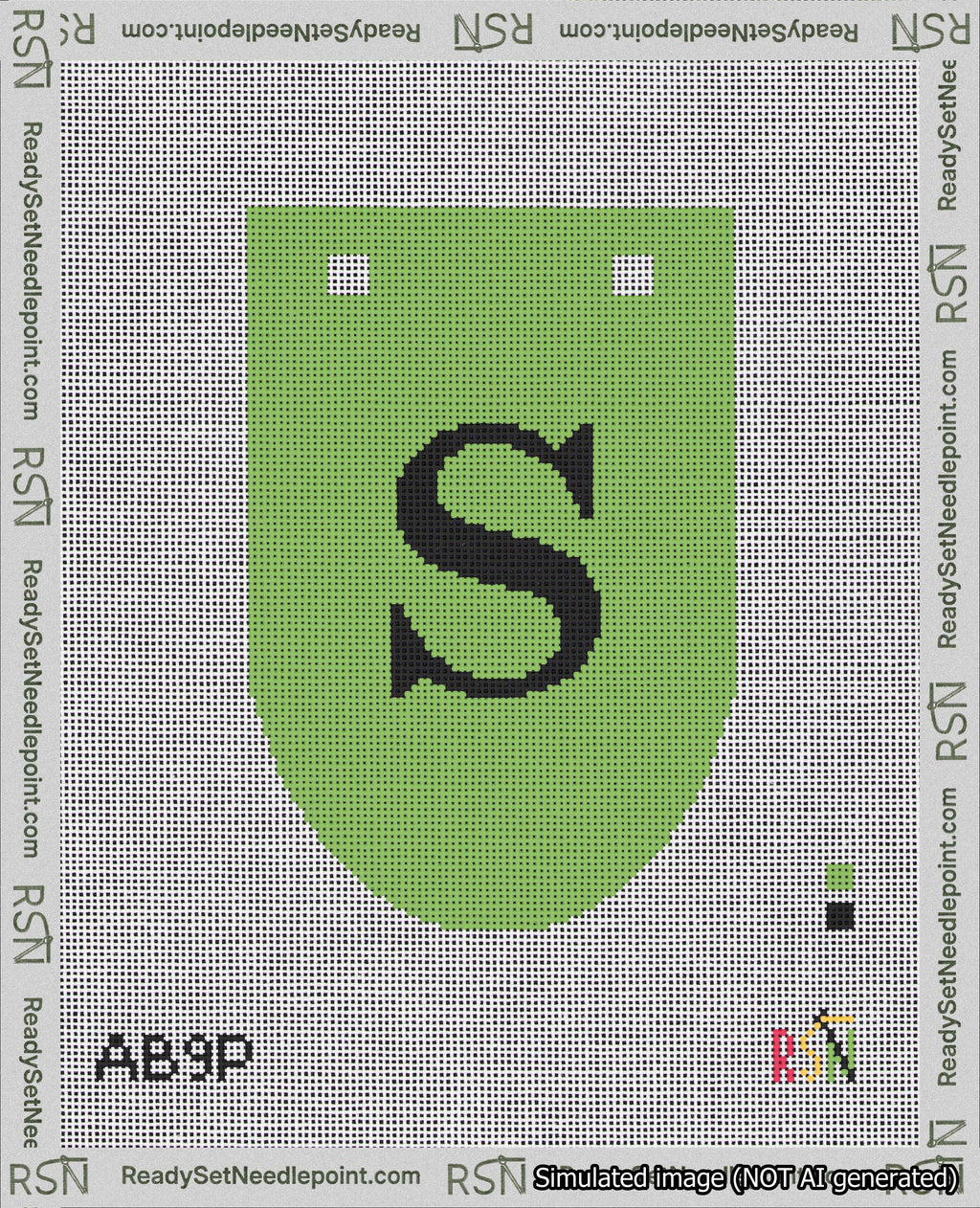 A taped needlepoint canvas with the design: Banner 18 mesh count Rounded S Black on Light Green.
