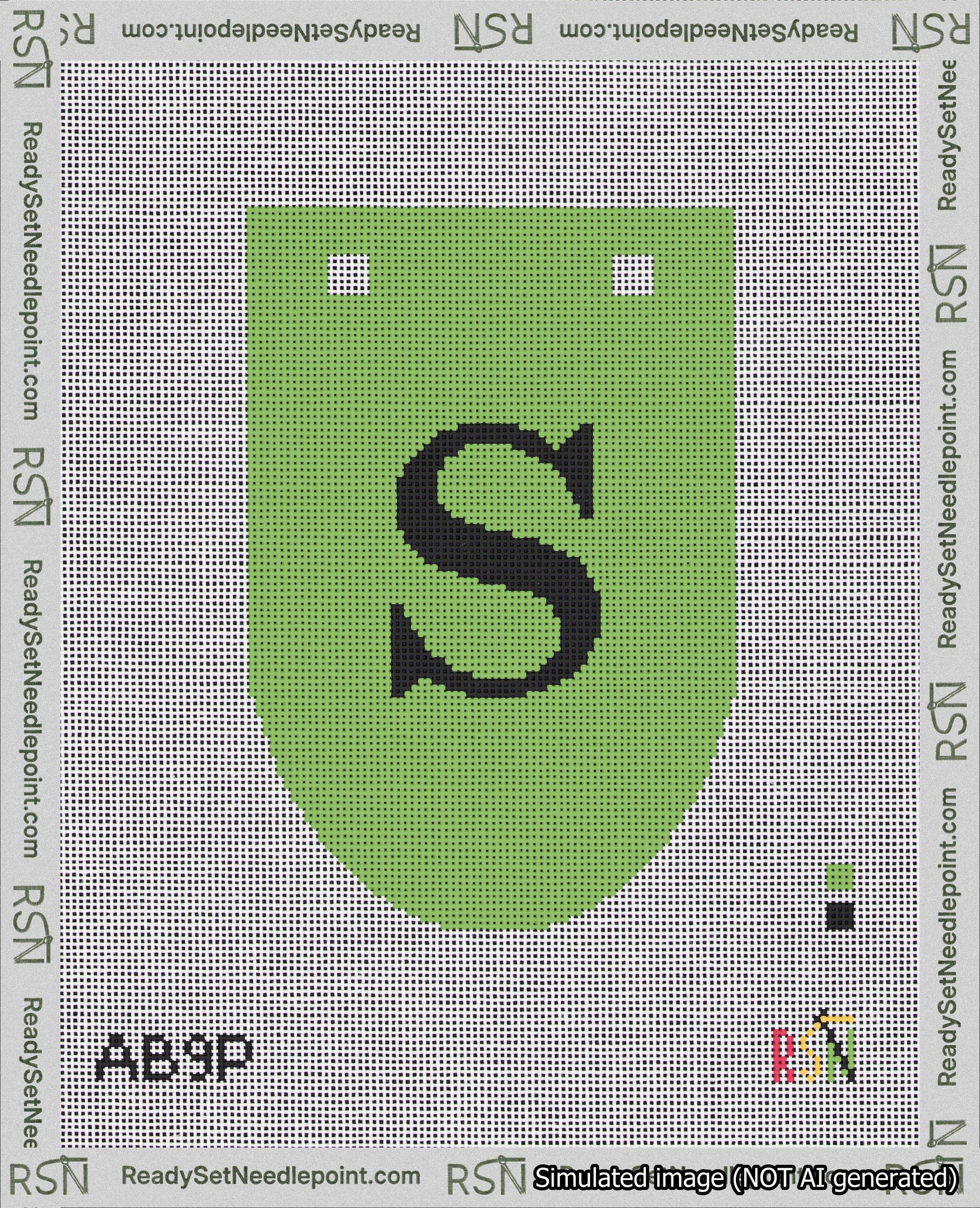 A taped needlepoint canvas with the design: Banner 18 mesh count Rounded S Black on Light Green.