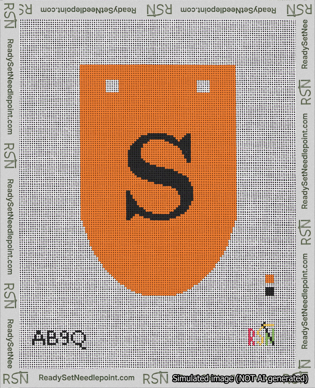 A taped needlepoint canvas with the design: Banner 18 mesh count Rounded S Black on Orange.