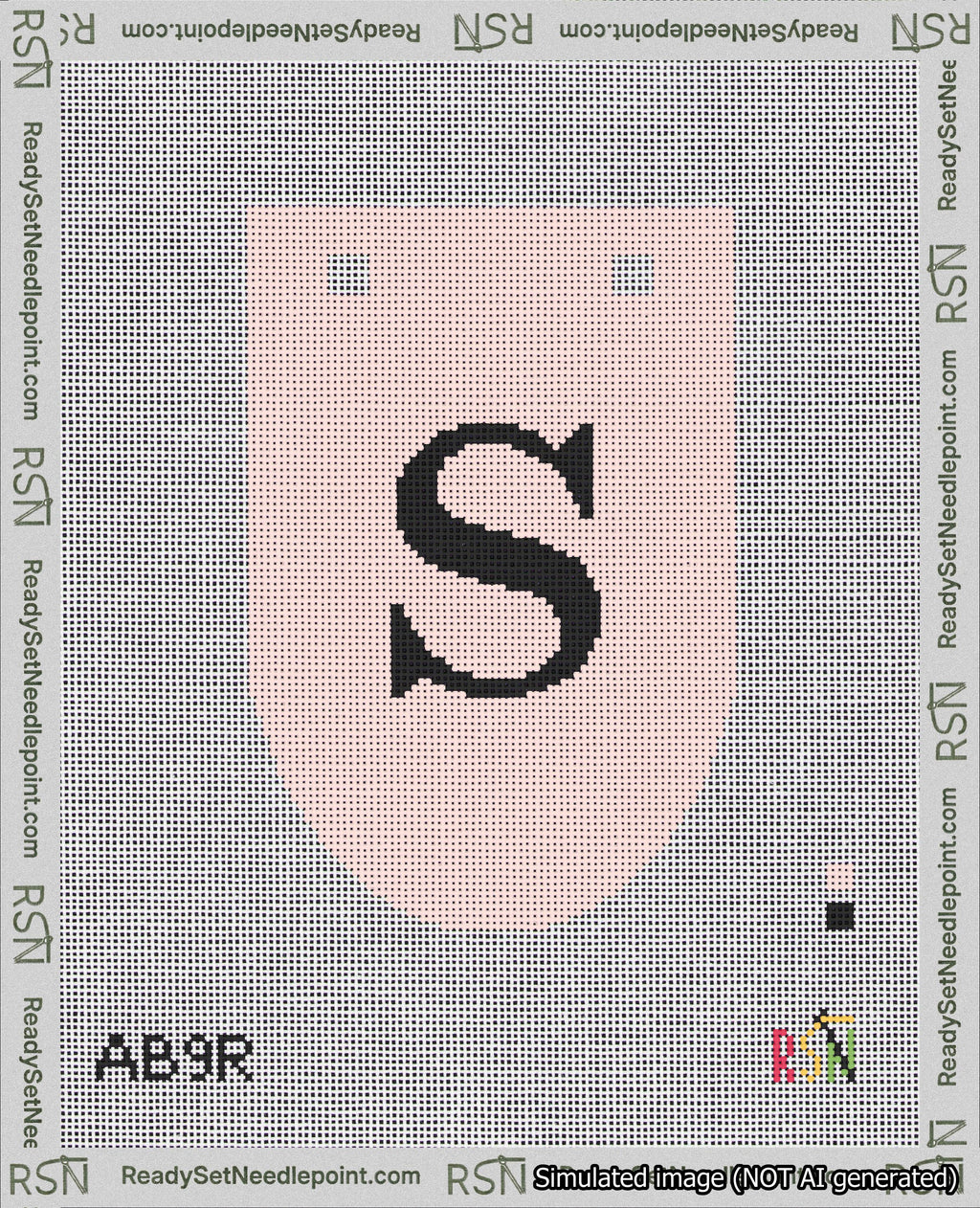 A taped needlepoint canvas with the design: Banner 18 mesh count Rounded S Black on Pink.