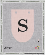 A taped needlepoint canvas with the design: Banner 18 mesh count Rounded S Black on Pink.