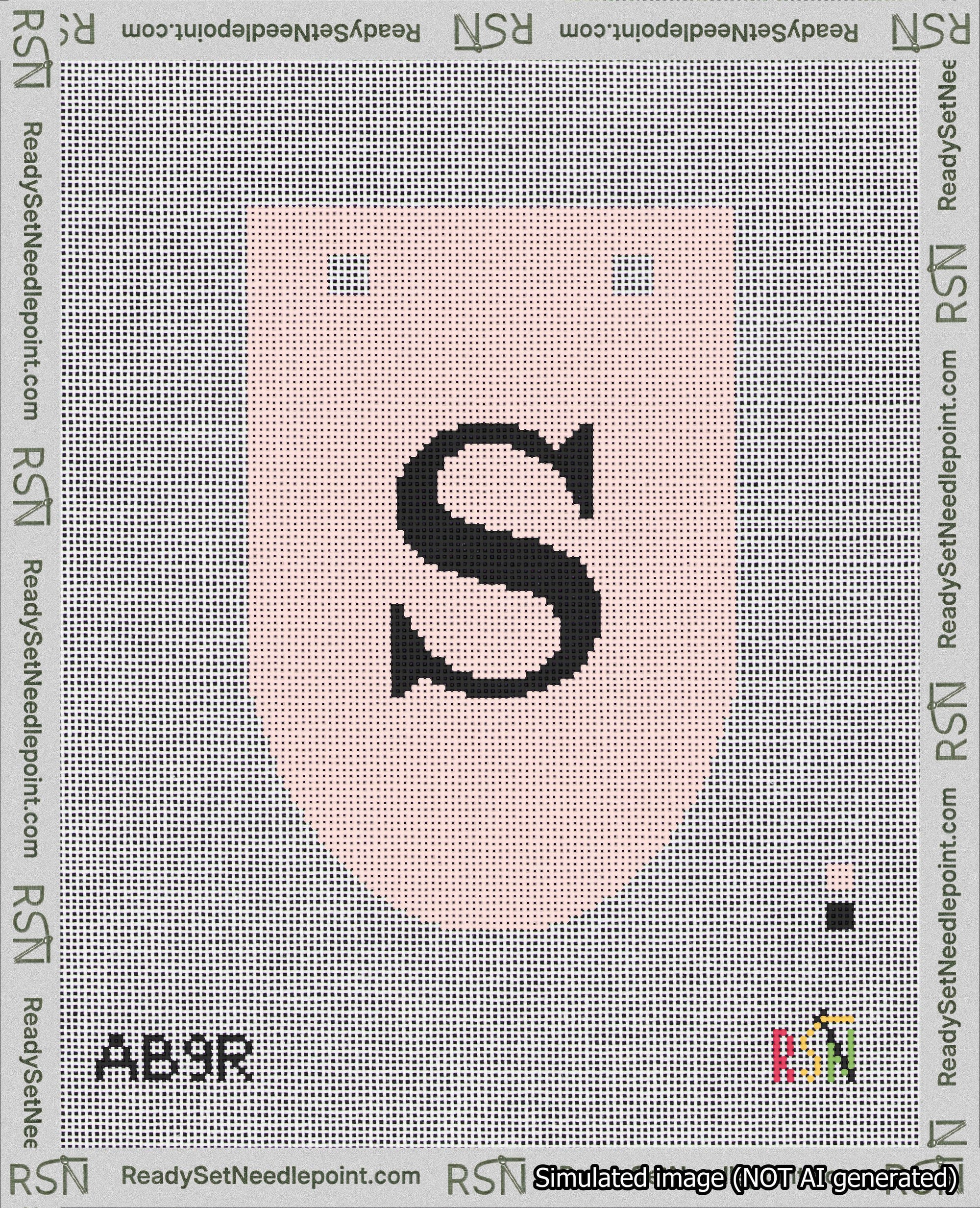 A taped needlepoint canvas with the design: Banner 18 mesh count Rounded S Black on Pink.