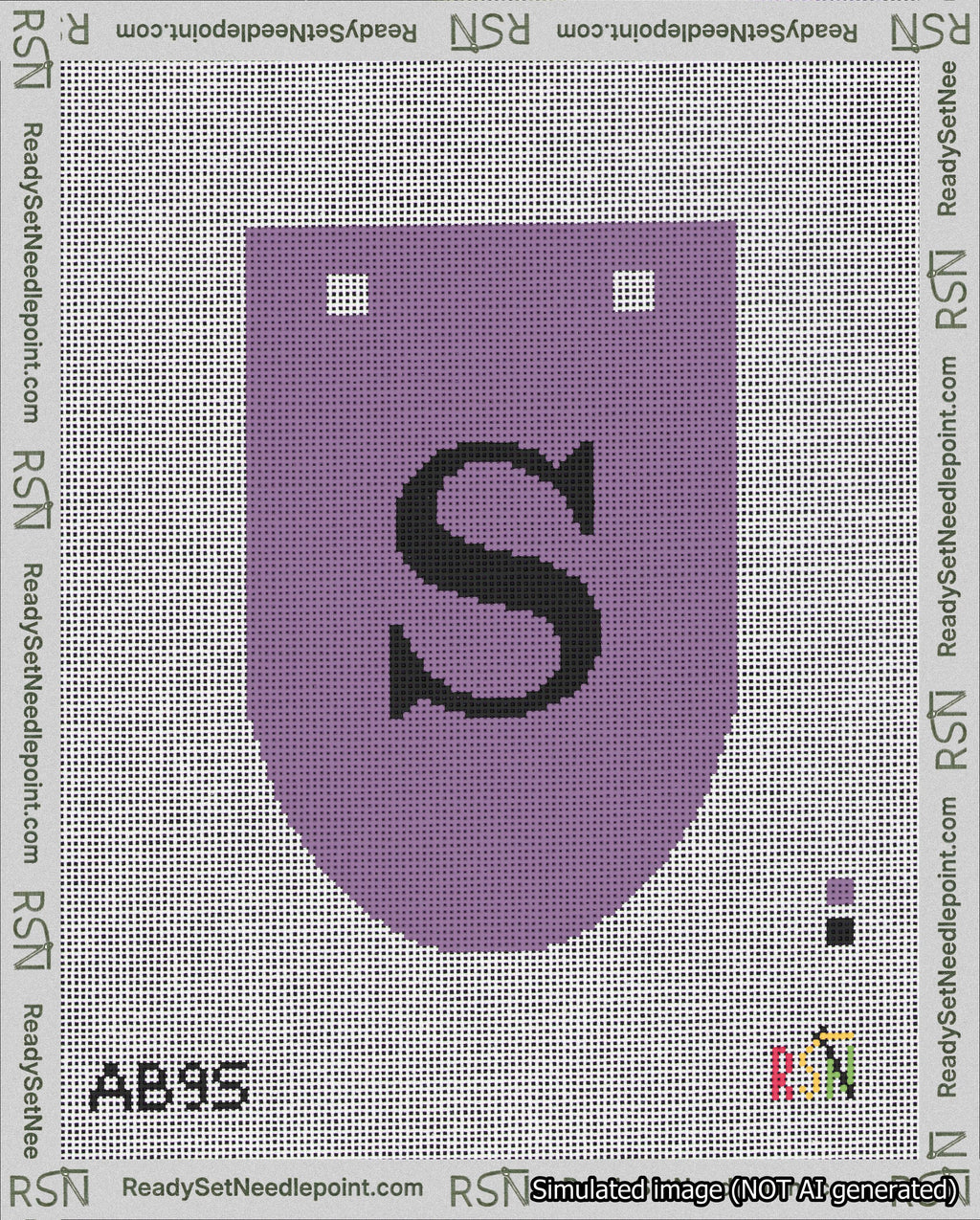 A taped needlepoint canvas with the design: Banner 18 mesh count Rounded S Black on Purple.