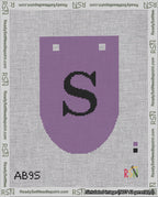 A taped needlepoint canvas with the design: Banner 18 mesh count Rounded S Black on Purple.