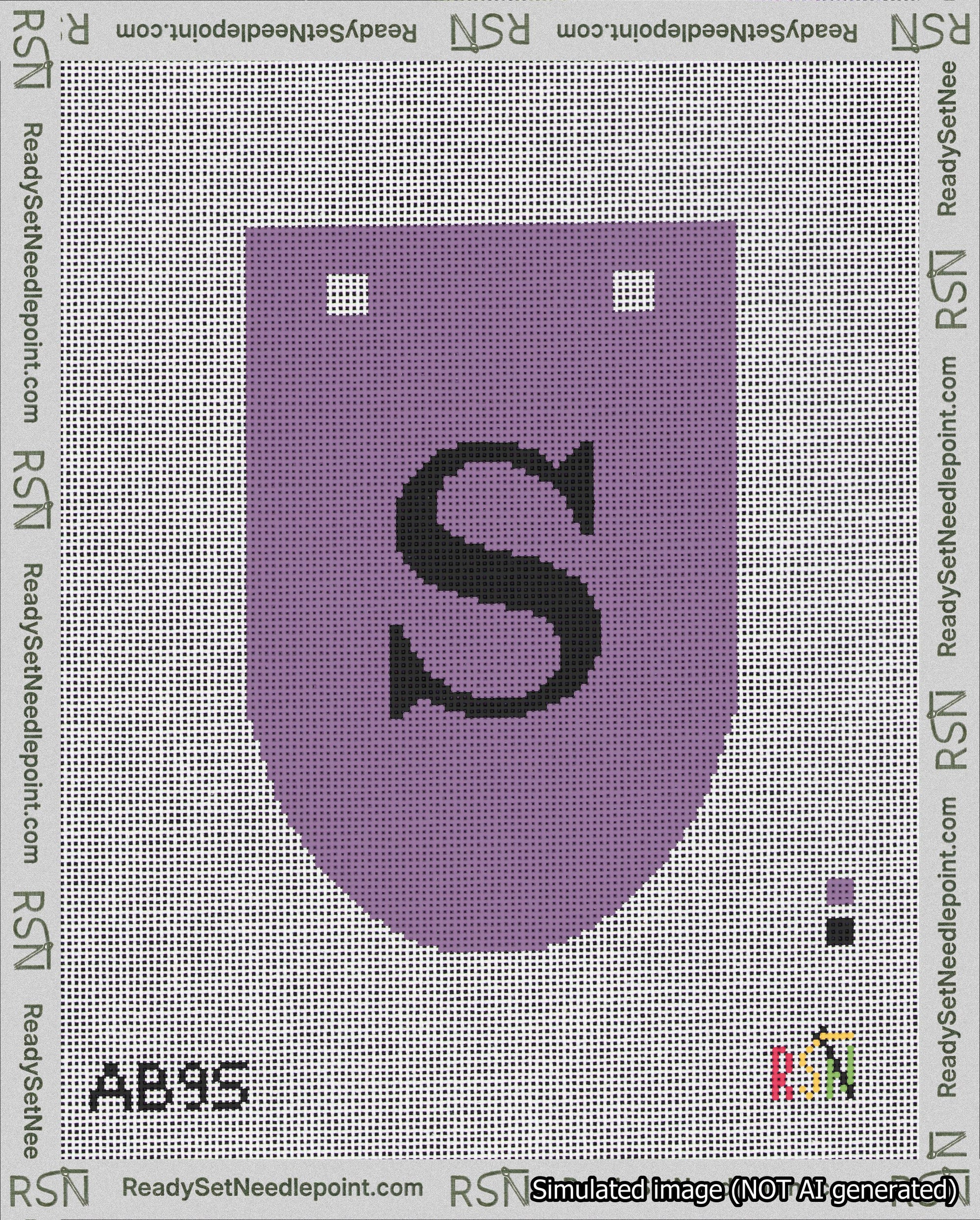 A taped needlepoint canvas with the design: Banner 18 mesh count Rounded S Black on Purple.