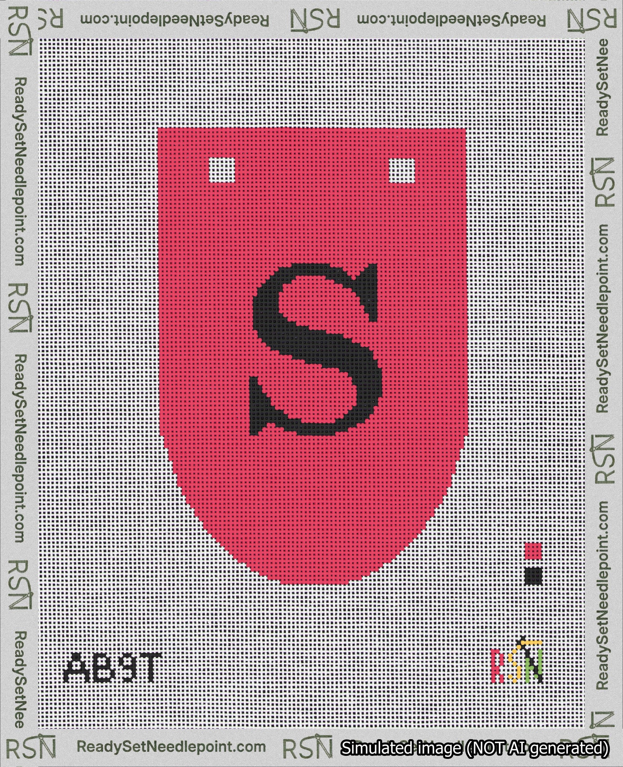 A taped needlepoint canvas with the design: Banner 18 mesh count Rounded S Black on Red.