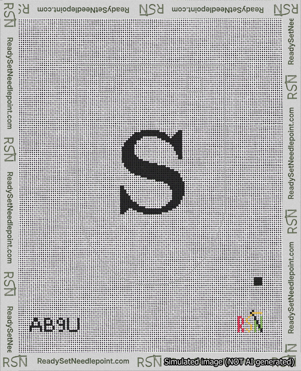 A taped needlepoint canvas with the design: Banner 18 mesh count Rounded S Black on White.