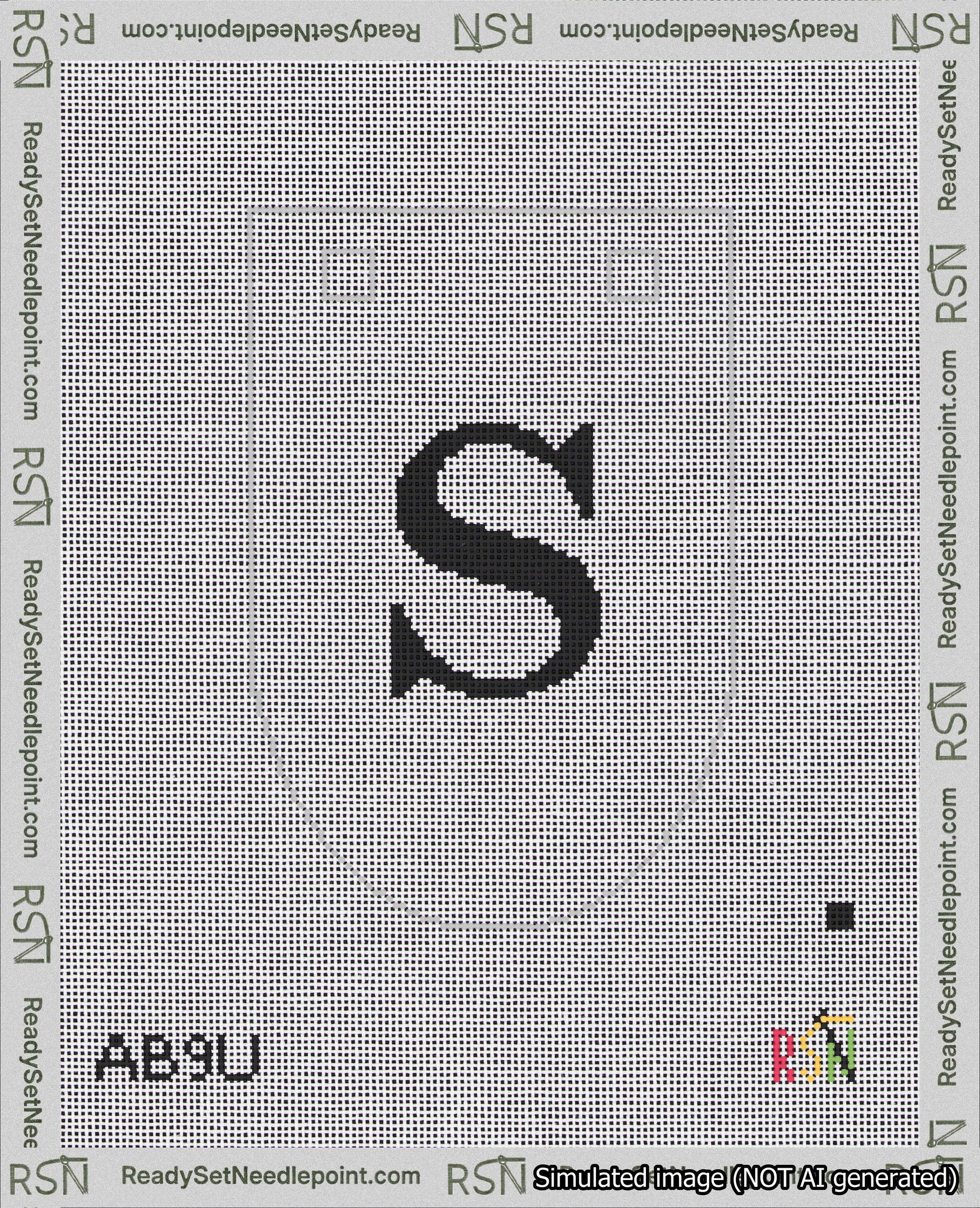 A taped needlepoint canvas with the design: Banner 18 mesh count Rounded S Black on White.