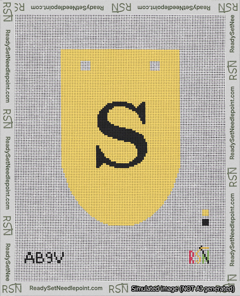 A taped needlepoint canvas with the design: Banner 18 mesh count Rounded S Black on Yellow.