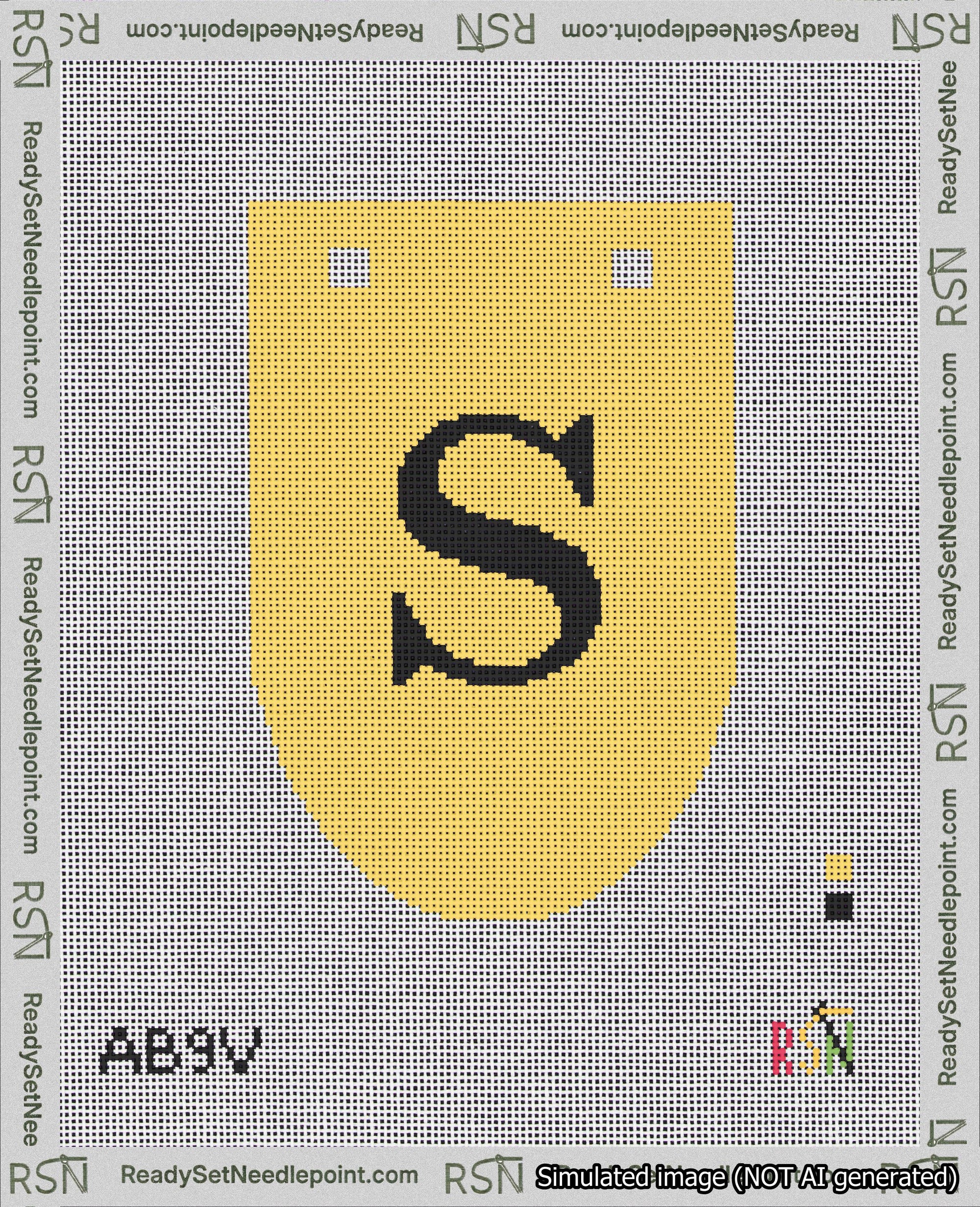A taped needlepoint canvas with the design: Banner 18 mesh count Rounded S Black on Yellow.