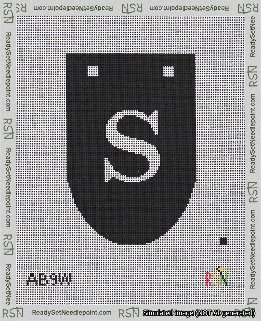 A taped needlepoint canvas with the design: Banner 18 mesh count Rounded S White on Black.