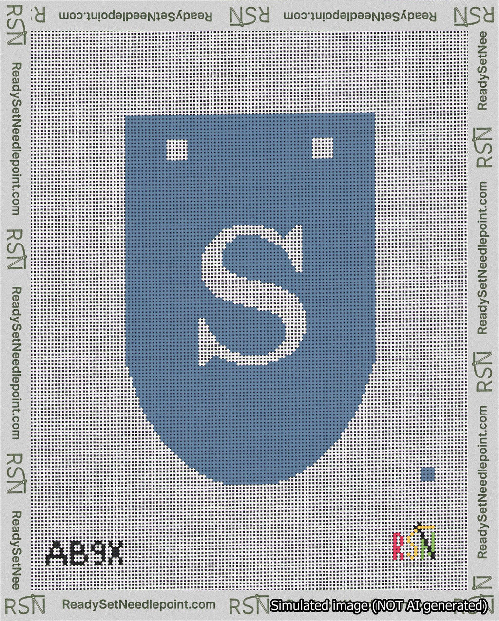 A taped needlepoint canvas with the design: Banner 18 mesh count Rounded S White on Blue.
