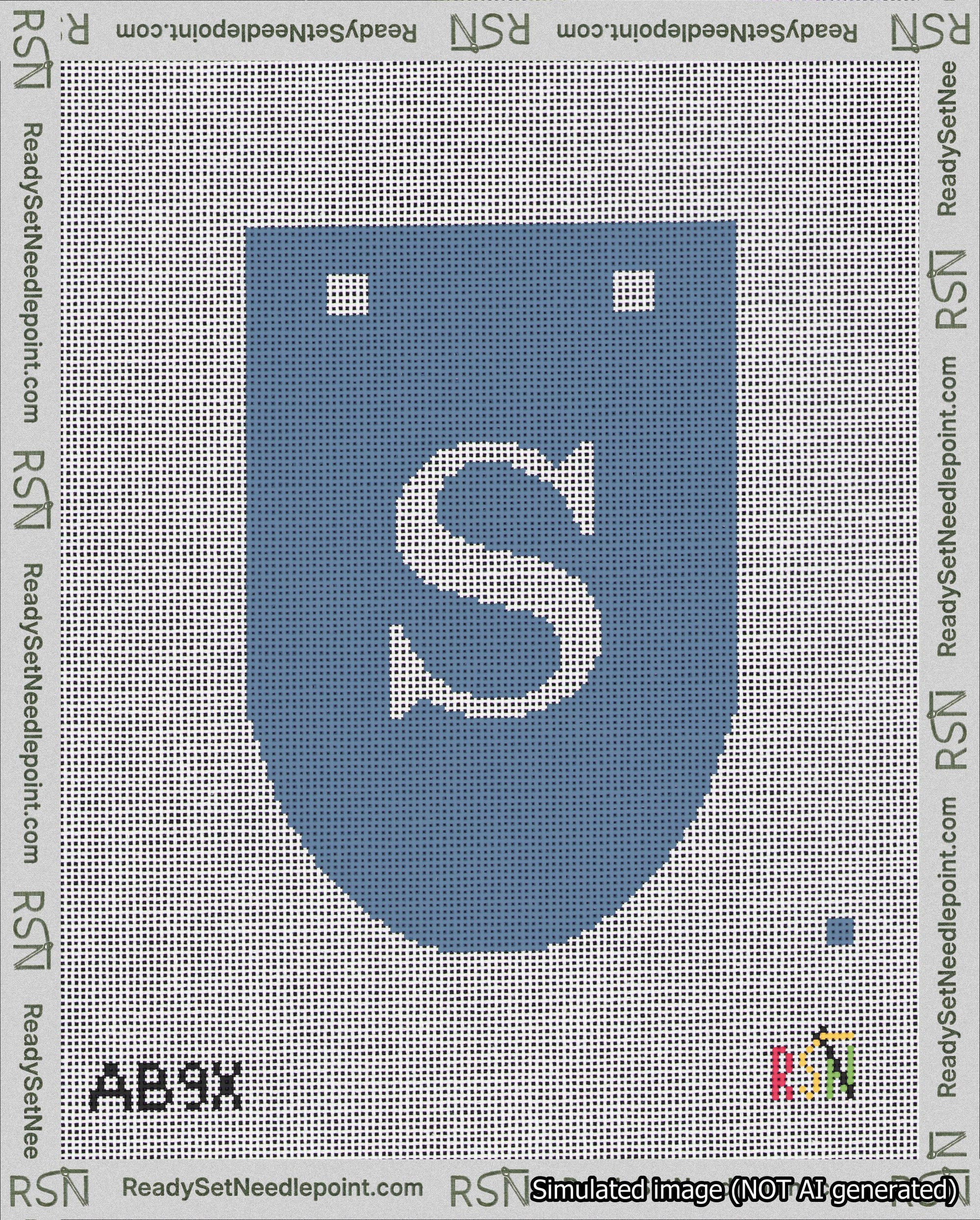 A taped needlepoint canvas with the design: Banner 18 mesh count Rounded S White on Blue.