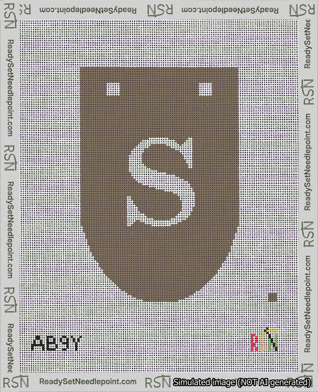 A taped needlepoint canvas with the design: Banner 18 mesh count Rounded S White on Brown.
