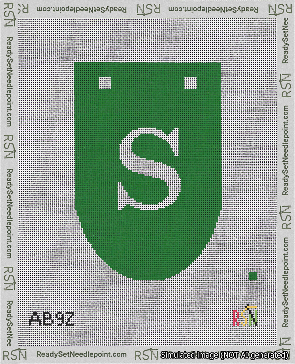 A taped needlepoint canvas with the design: Banner 18 mesh count Rounded S White on Green.