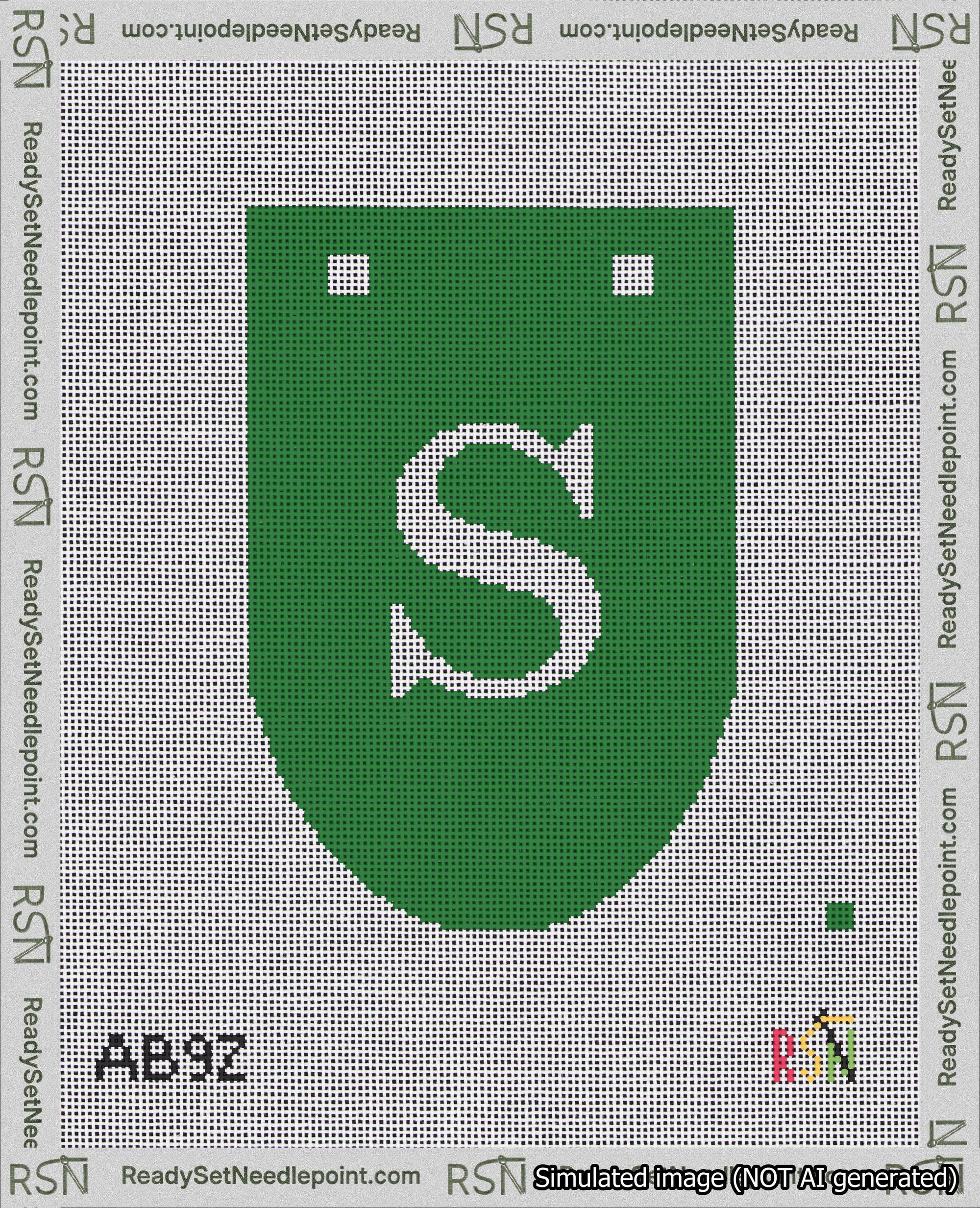 A taped needlepoint canvas with the design: Banner 18 mesh count Rounded S White on Green.