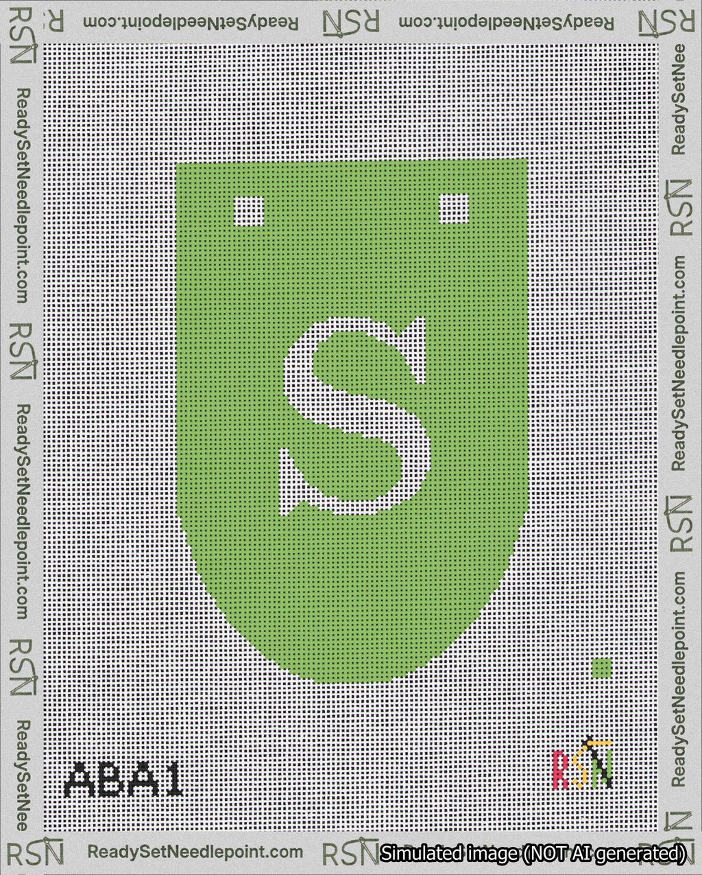 A taped needlepoint canvas with the design: Banner 18 mesh count Rounded S White on Light Green.