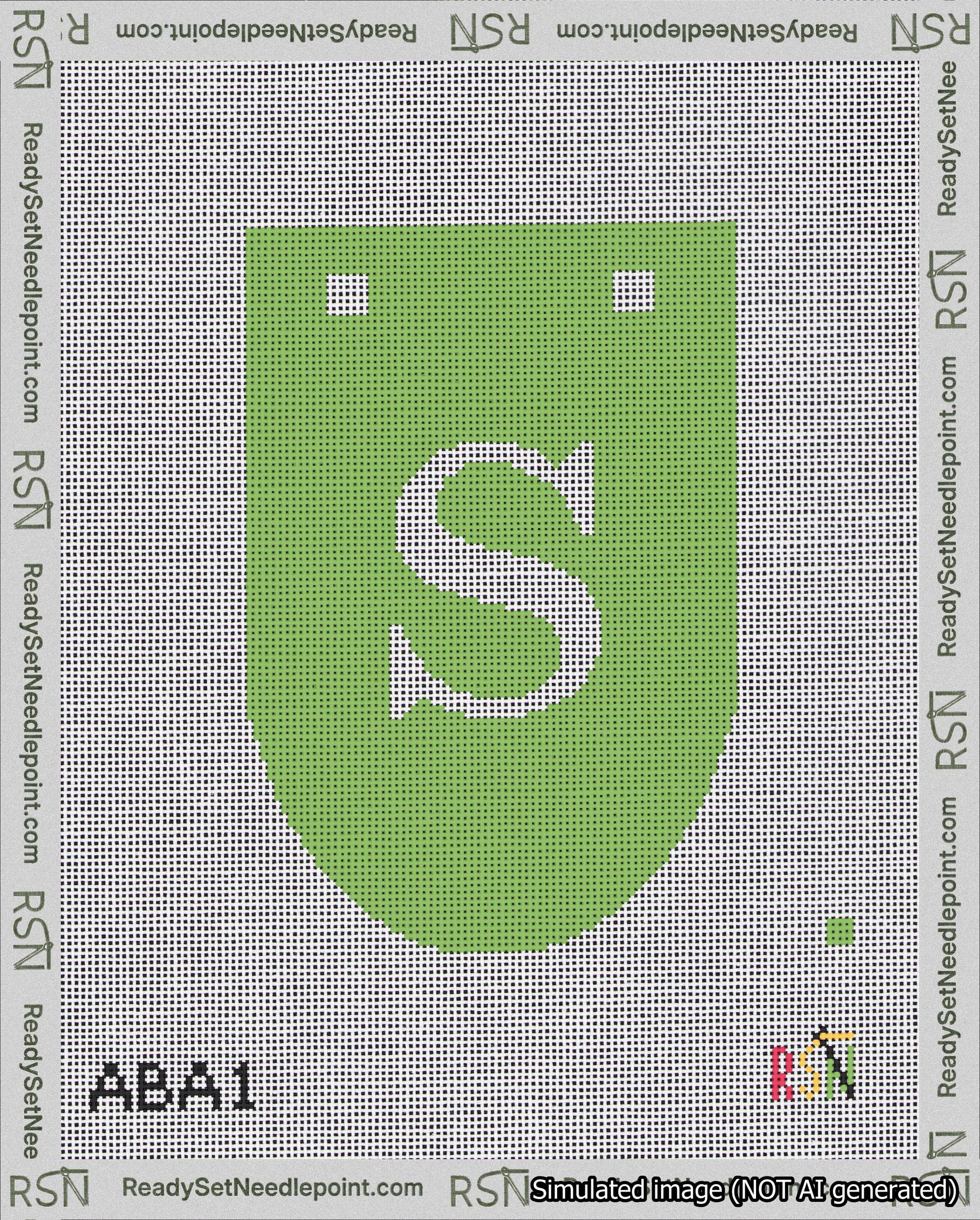 A taped needlepoint canvas with the design: Banner 18 mesh count Rounded S White on Light Green.