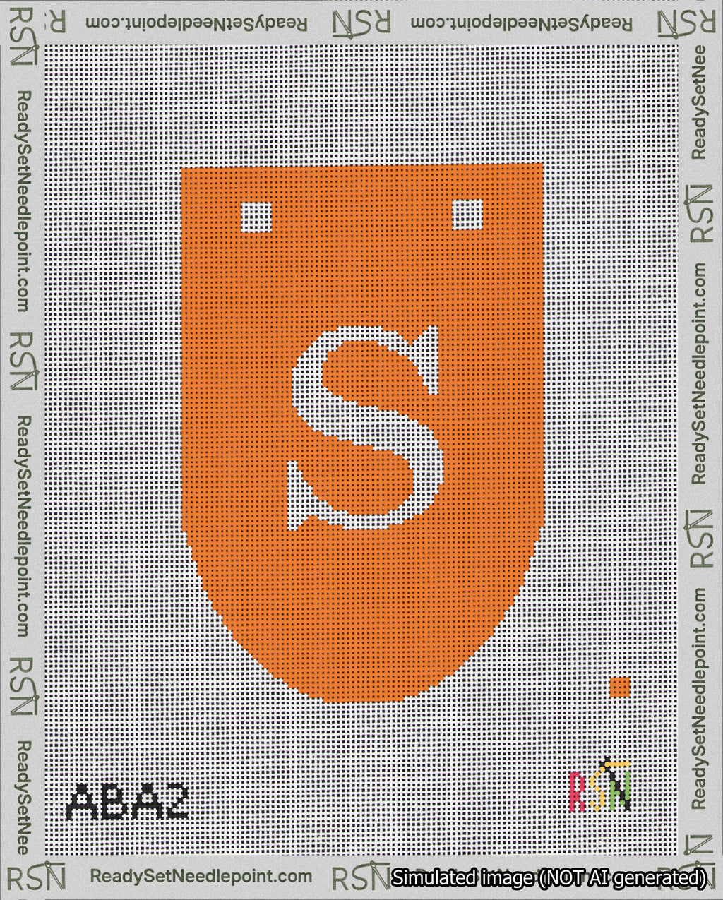 A taped needlepoint canvas with the design: Banner 18 mesh count Rounded S White on Orange.