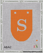 A taped needlepoint canvas with the design: Banner 18 mesh count Rounded S White on Orange.