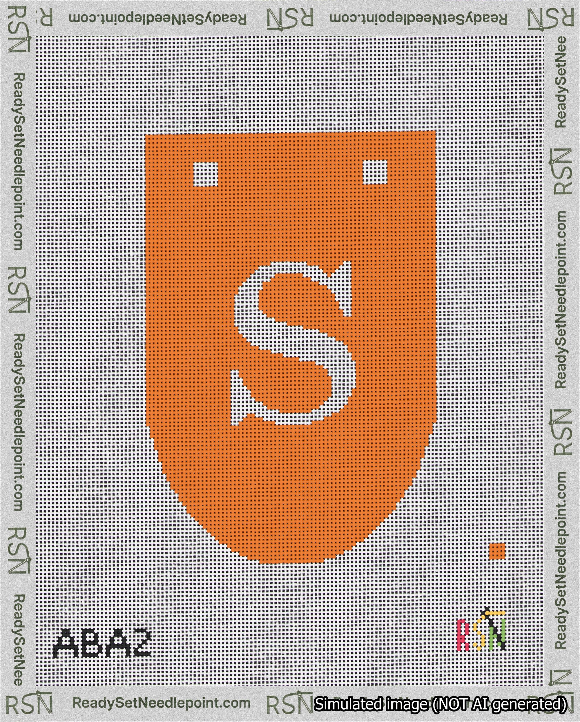 A taped needlepoint canvas with the design: Banner 18 mesh count Rounded S White on Orange.