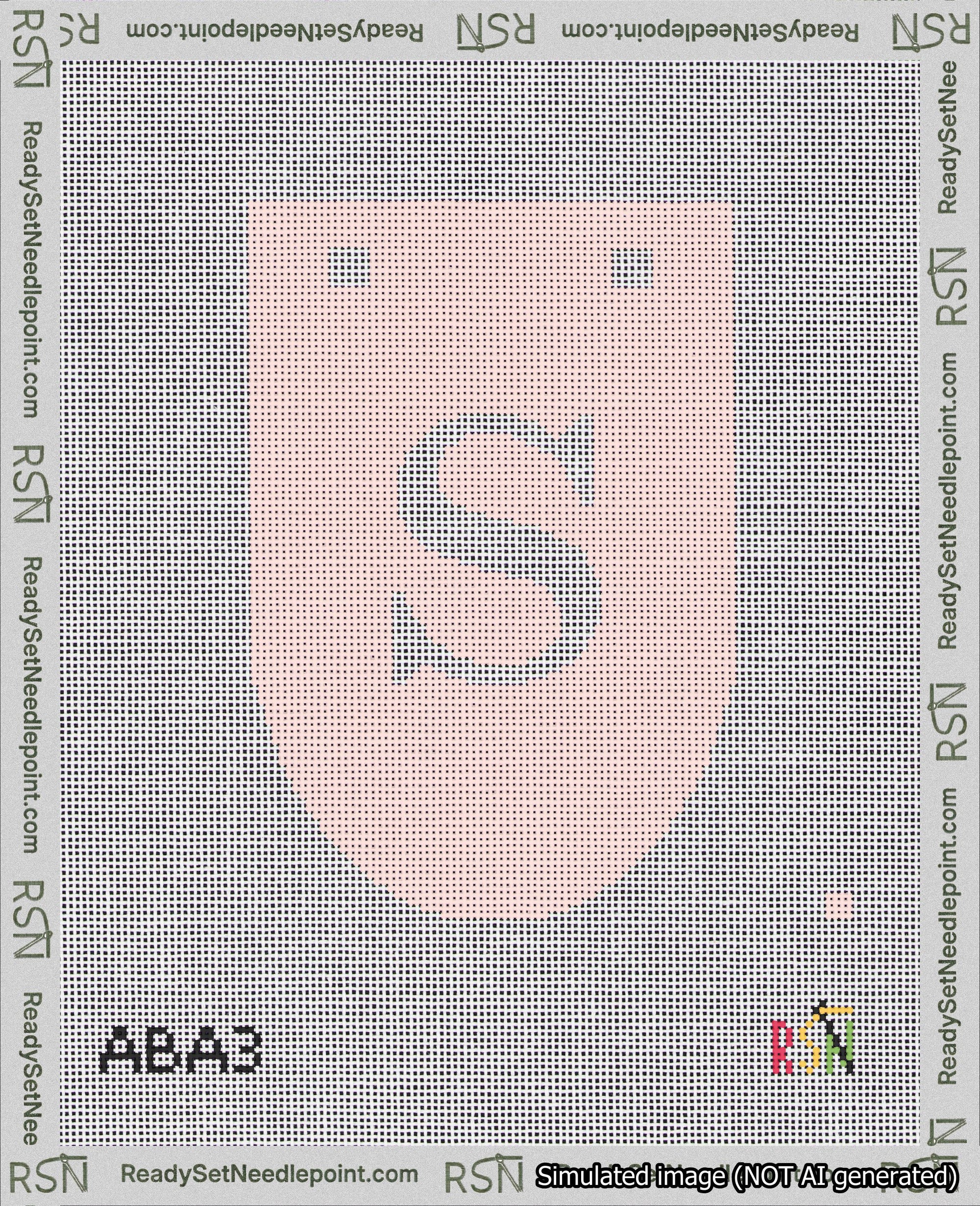 A taped needlepoint canvas with the design: Banner 18 mesh count Rounded S White on Pink.