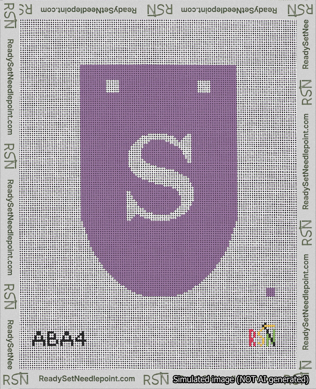 A taped needlepoint canvas with the design: Banner 18 mesh count Rounded S White on Purple.