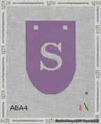 A taped needlepoint canvas with the design: Banner 18 mesh count Rounded S White on Purple.