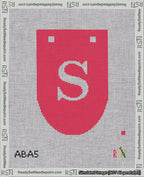A taped needlepoint canvas with the design: Banner 18 mesh count Rounded S White on Red.