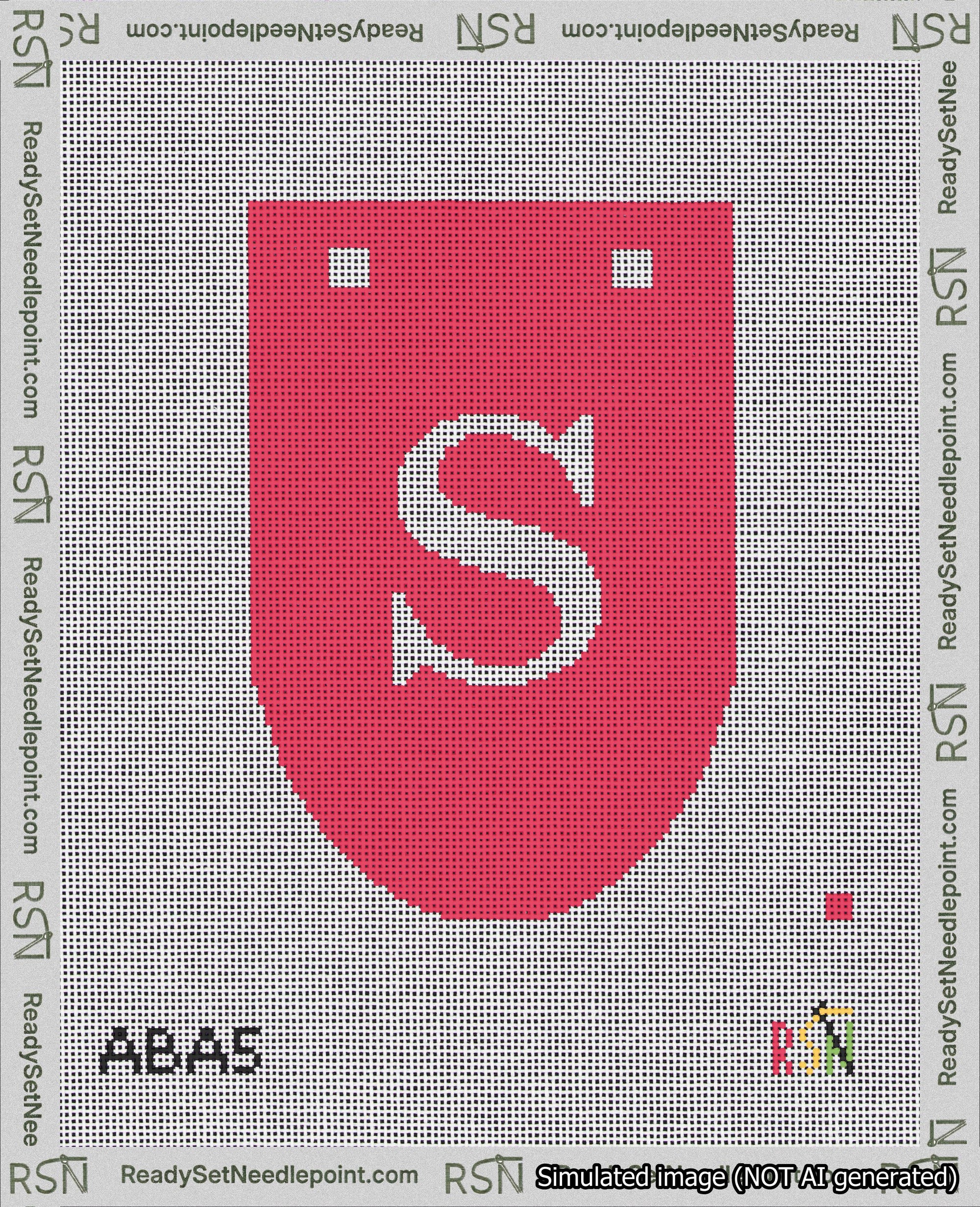 A taped needlepoint canvas with the design: Banner 18 mesh count Rounded S White on Red.