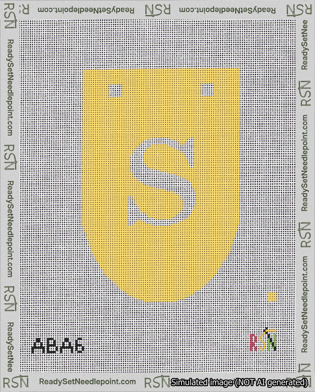 A taped needlepoint canvas with the design: Banner 18 mesh count Rounded S White on Yellow.