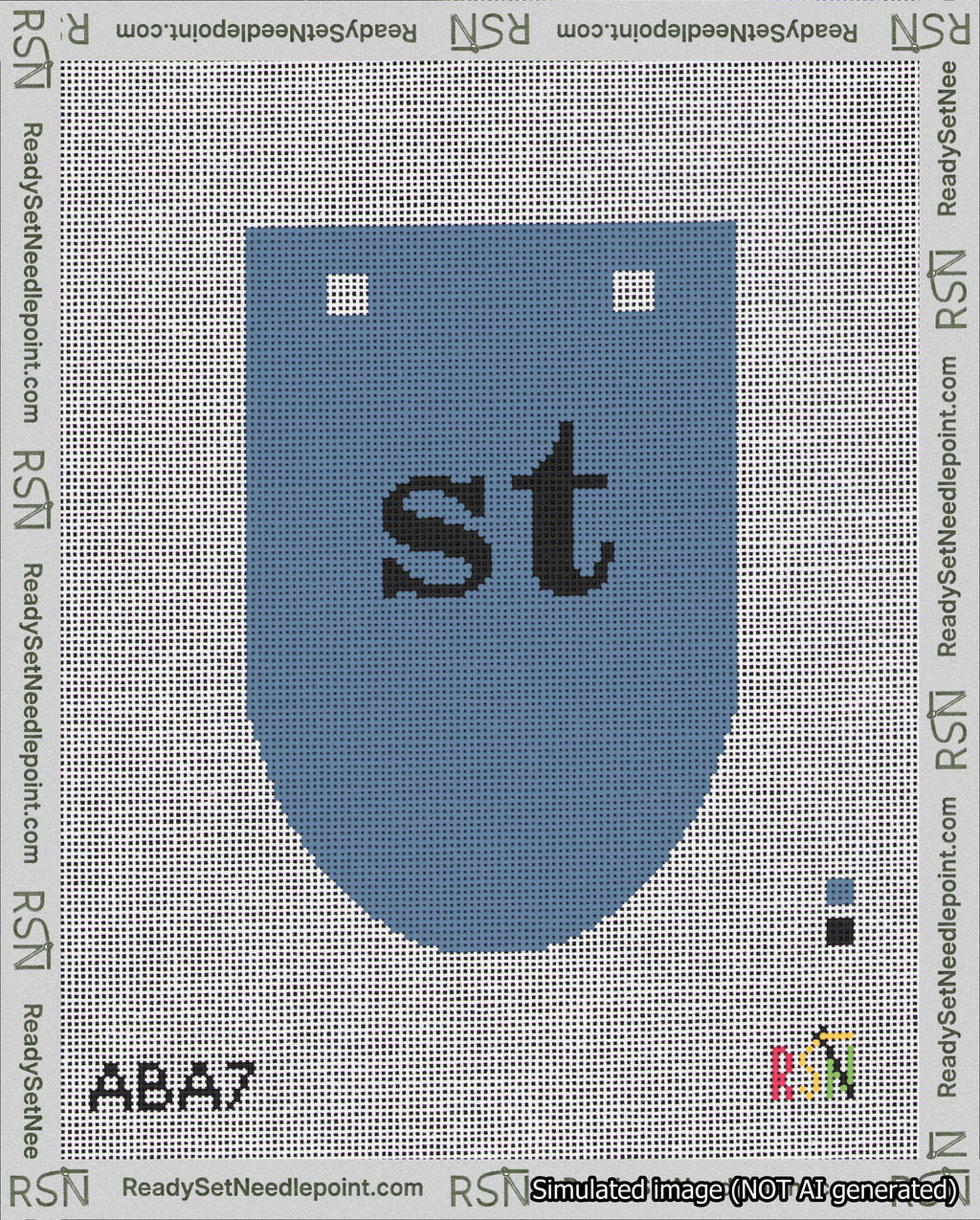 A taped needlepoint canvas with the design: Banner 18 mesh count Rounded st Black on Blue.