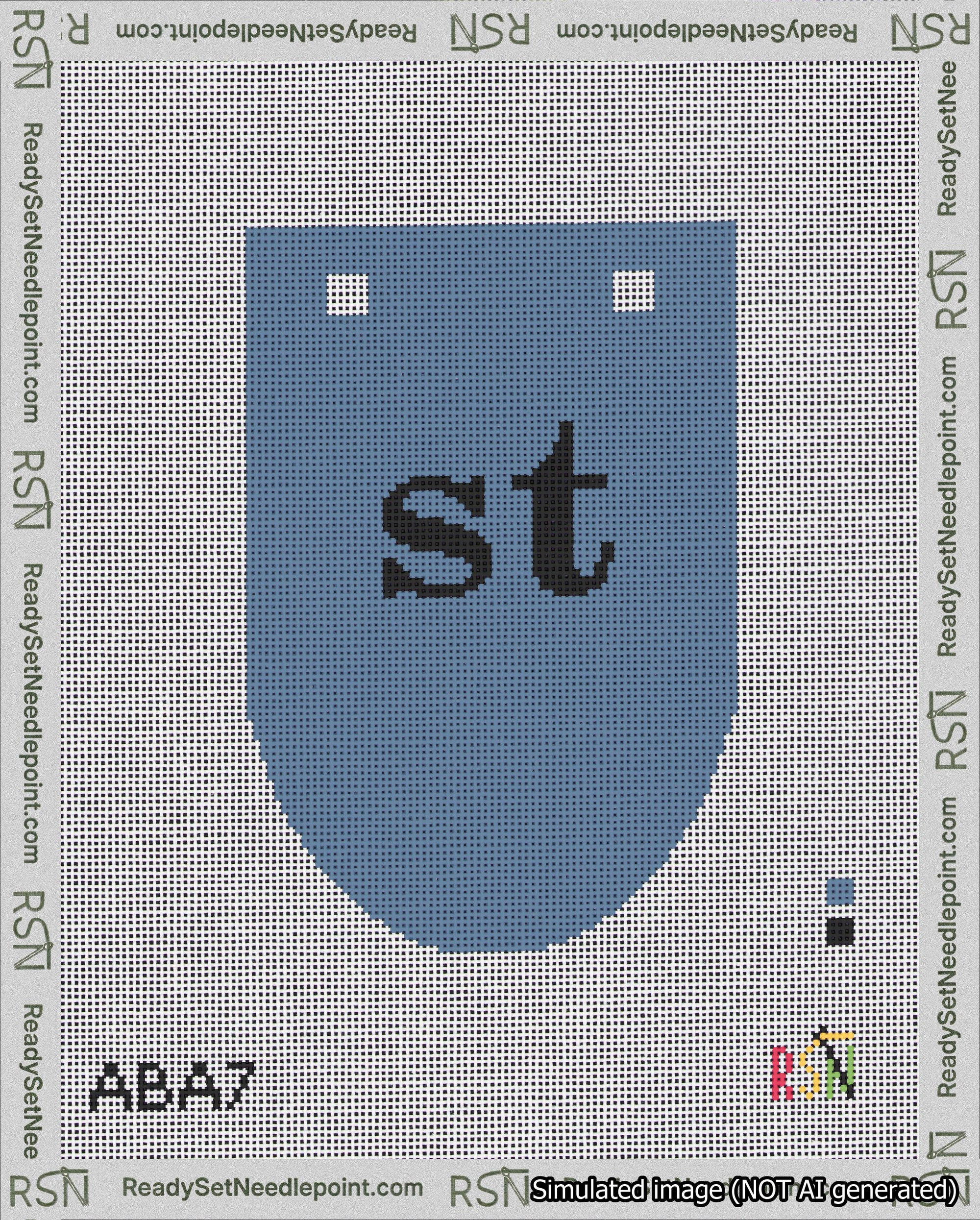 A taped needlepoint canvas with the design: Banner 18 mesh count Rounded st Black on Blue.