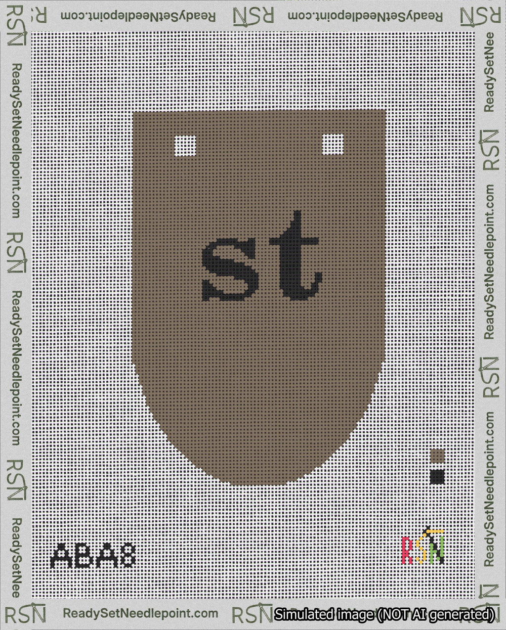 A taped needlepoint canvas with the design: Banner 18 mesh count Rounded st Black on Brown.