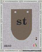 A taped needlepoint canvas with the design: Banner 18 mesh count Rounded st Black on Brown.