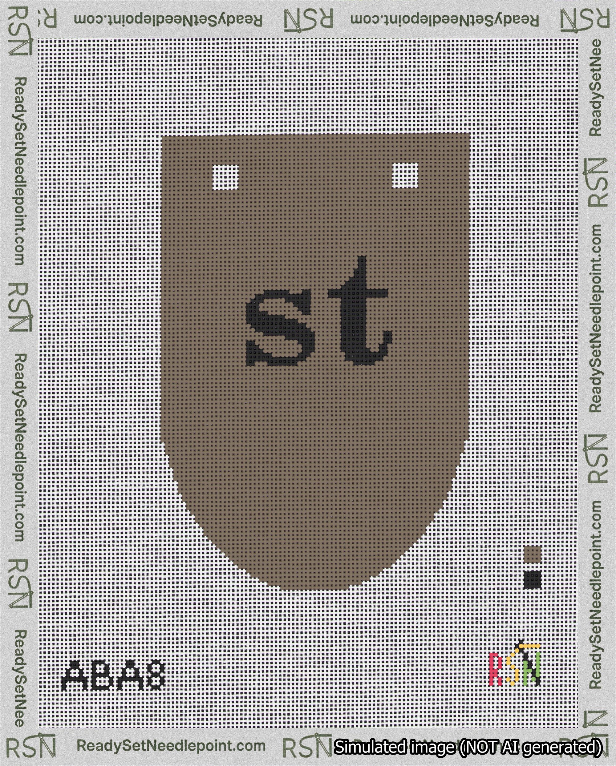 A taped needlepoint canvas with the design: Banner 18 mesh count Rounded st Black on Brown.