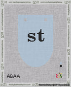 A taped needlepoint canvas with the design: Banner 18 mesh count Rounded st Black on Light Blue.