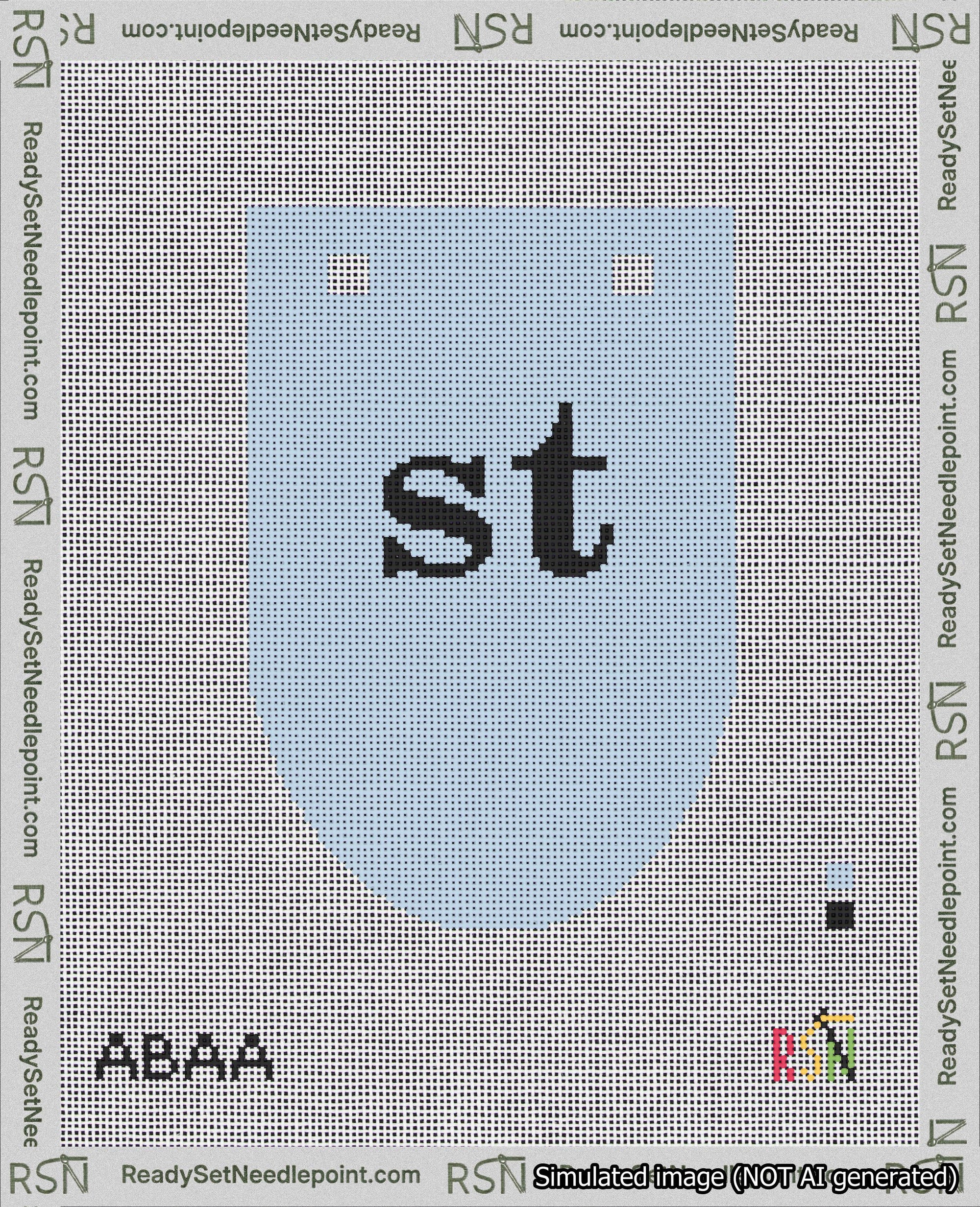 A taped needlepoint canvas with the design: Banner 18 mesh count Rounded st Black on Light Blue.
