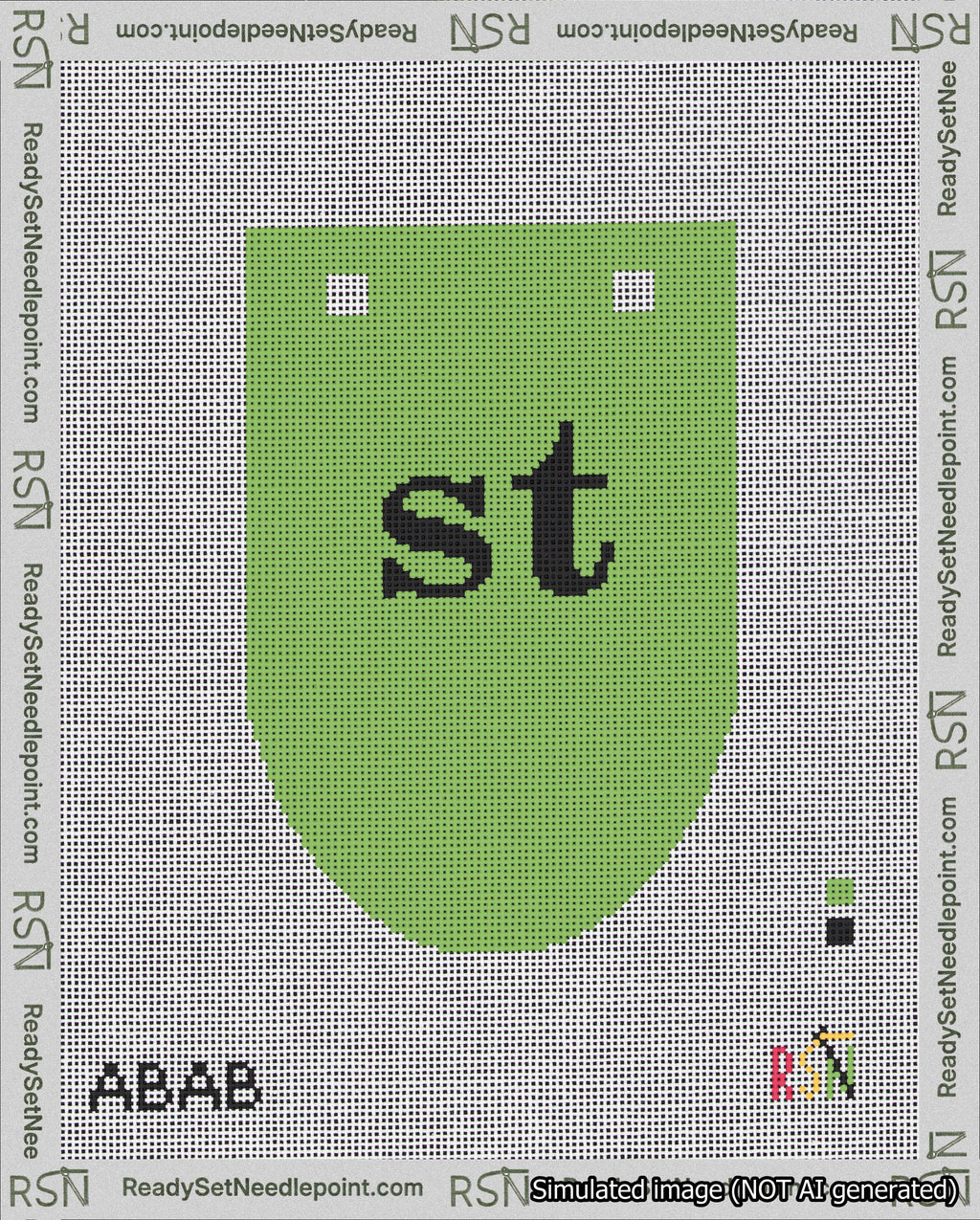 A taped needlepoint canvas with the design: Banner 18 mesh count Rounded st Black on Light Green.
