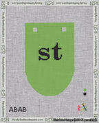 A taped needlepoint canvas with the design: Banner 18 mesh count Rounded st Black on Light Green.