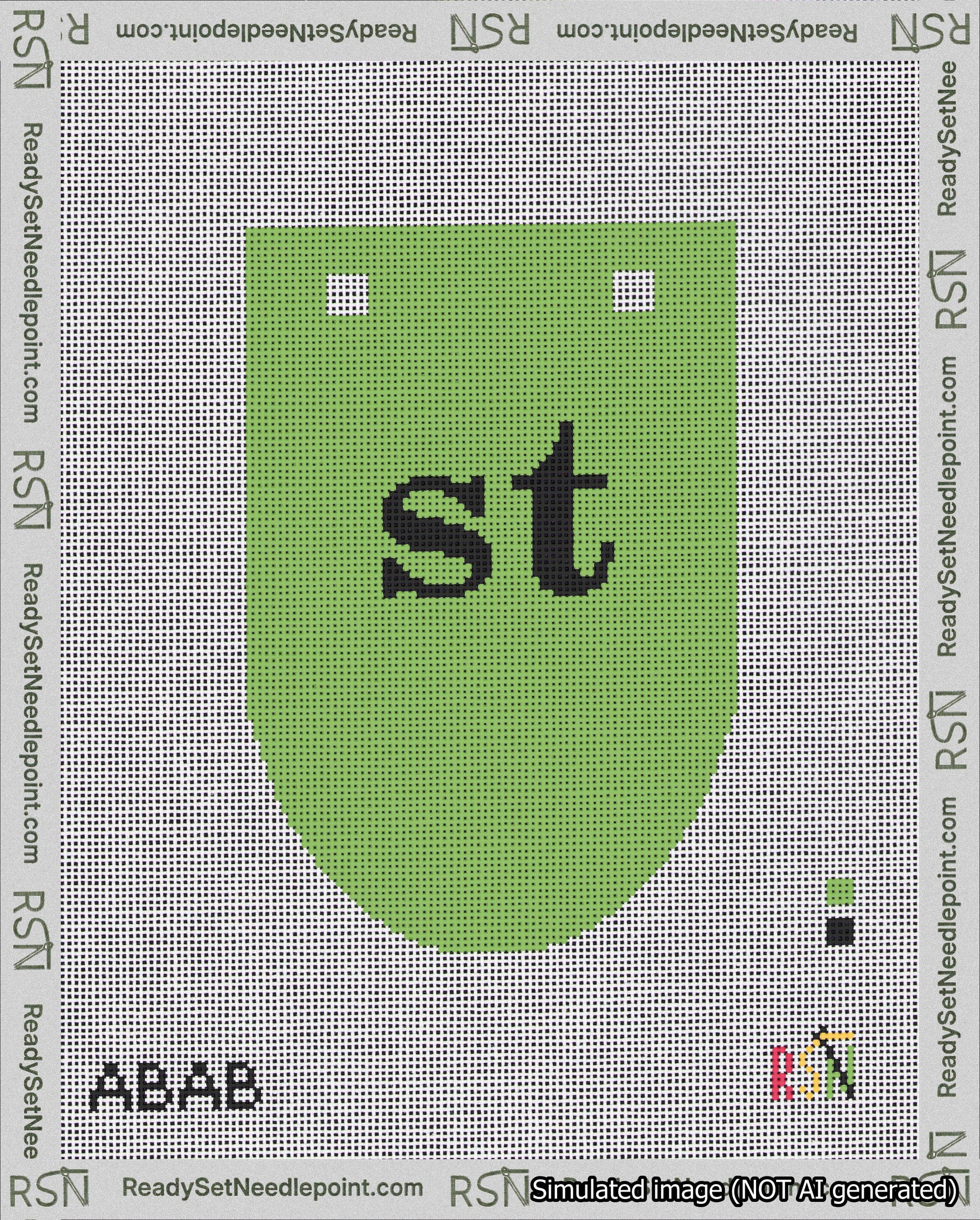 A taped needlepoint canvas with the design: Banner 18 mesh count Rounded st Black on Light Green.