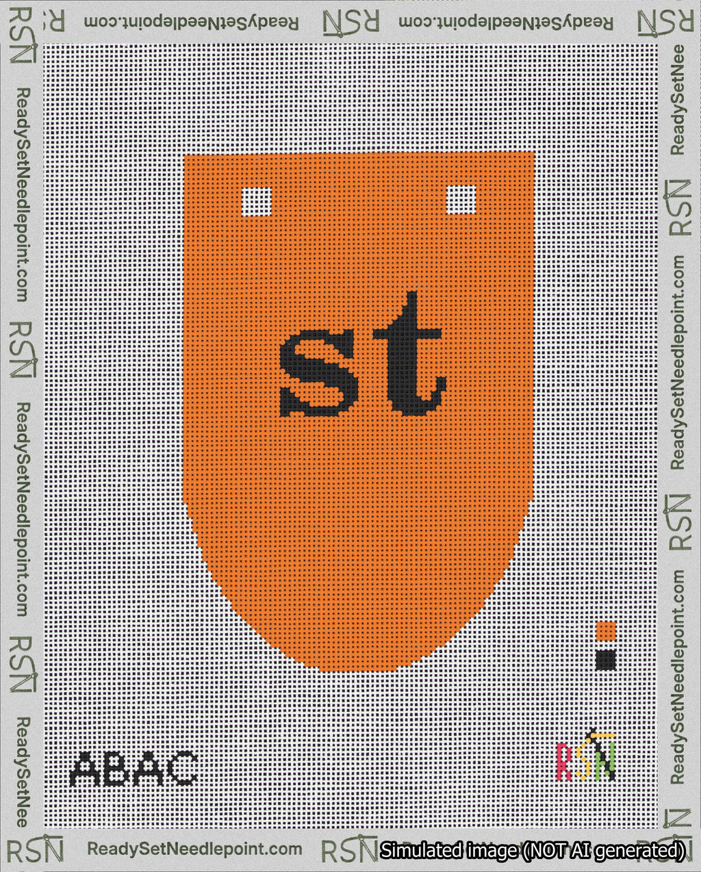 A taped needlepoint canvas with the design: Banner 18 mesh count Rounded st Black on Orange.
