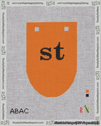 A taped needlepoint canvas with the design: Banner 18 mesh count Rounded st Black on Orange.
