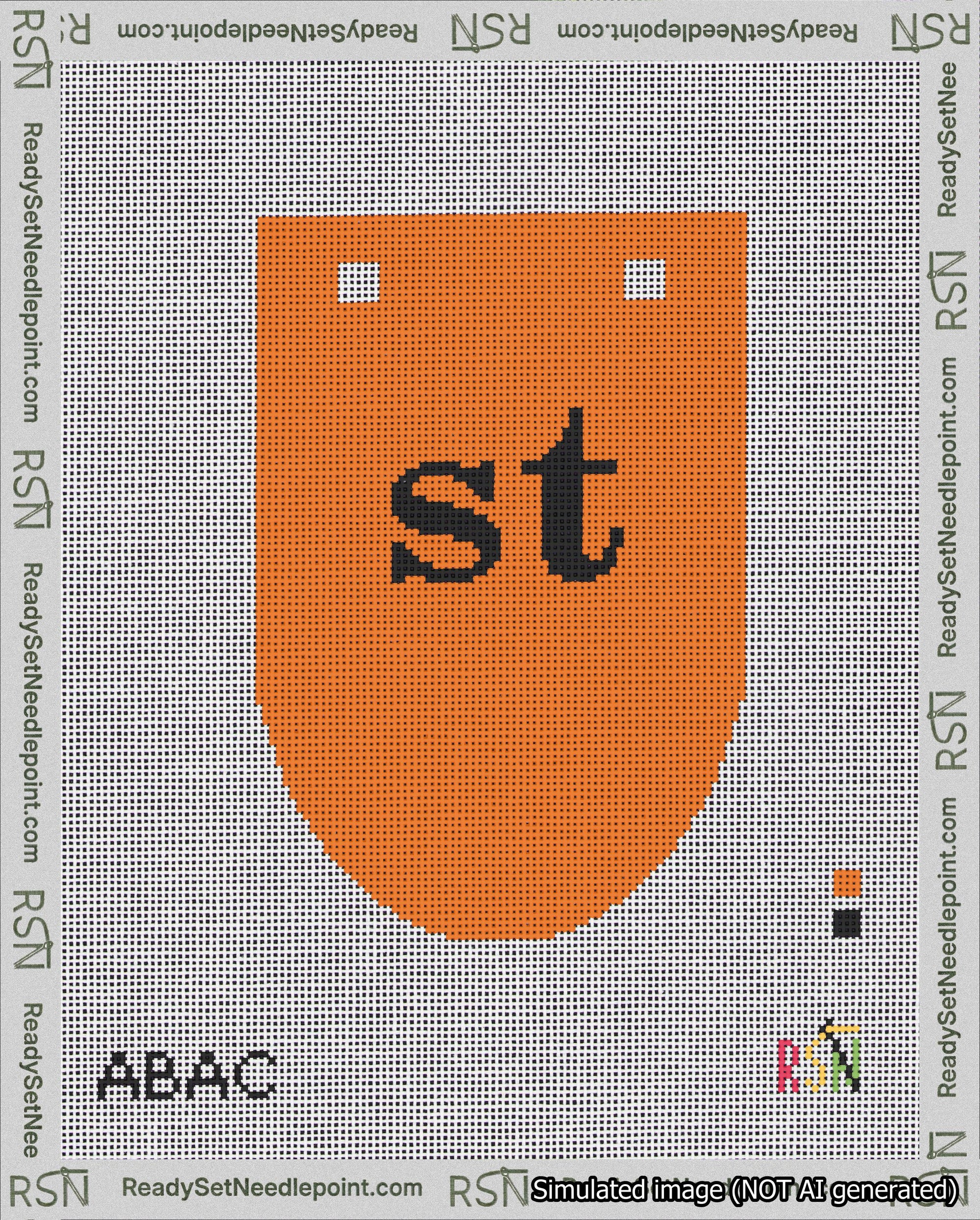 A taped needlepoint canvas with the design: Banner 18 mesh count Rounded st Black on Orange.