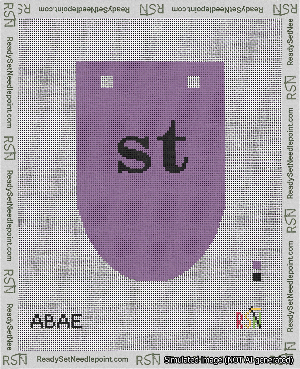 A taped needlepoint canvas with the design: Banner 18 mesh count Rounded st Black on Purple.
