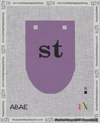 A taped needlepoint canvas with the design: Banner 18 mesh count Rounded st Black on Purple.