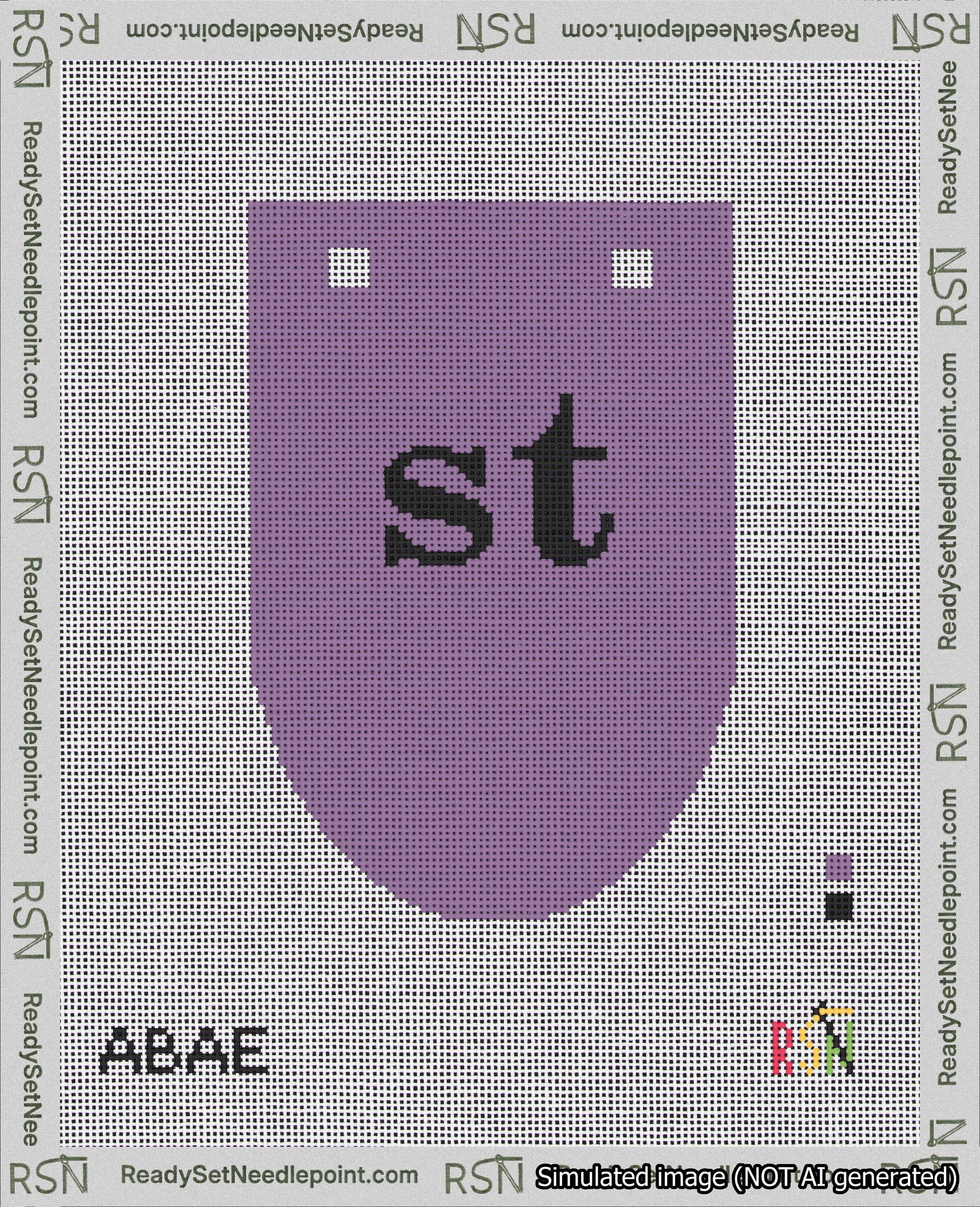 A taped needlepoint canvas with the design: Banner 18 mesh count Rounded st Black on Purple.